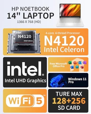 HP 14in Laptop for Student&Business - Office Lifetime & Windows 11Pro, HD Display, Bright View, Ultra Light, Webcam, WiFi, 16GB RAM, 128GB eMMC & 256GB Extend Micro SD, Silver - Image 2