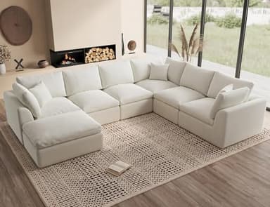 ohllob Oversized Cloud Couches for Living Room, Convertible Sectional Couch with Ottoman, 7 Seater Large Modular Sectional Sofa, Warm White - Image 1