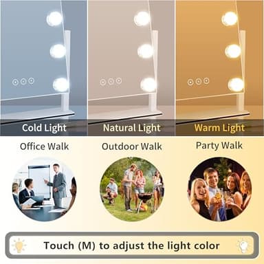 Kotdning Vanity Mirror with Lights,Lighted Vanity Mirror with 9 Dimmable Bulbs for Dressing Room & Bedroom,3 Color Lighting,Modes Detachable 10x Magnification 360°Ratation(White) 12" L x 14.4" W - Image 2