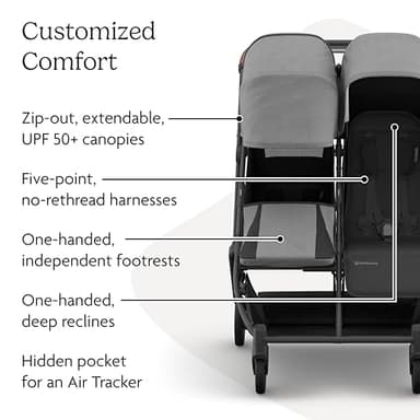 UPPAbaby Minu Duo Side-by-Side Double Stroller - Lightweight + Compact Design for Travel - Easy Fold- From Birth to Toddler - Independent Recline -Greyson(Charcoal Mélange/Carbon Frame/Saddle Leather) - Image 5