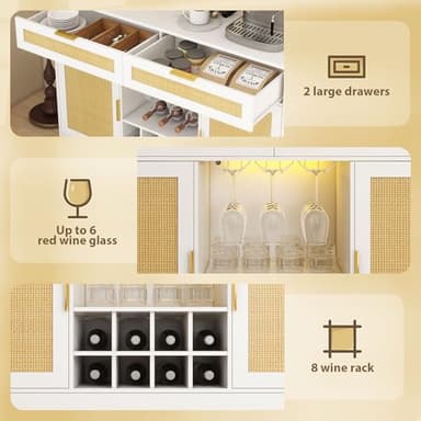 FTZxHKLX 51.2'' Rattan Coffee Bar Cabinet with Drawers and Storage, Boho Sideboard Buffet Cabinet with LED Lights, Wine Liquor Cabinet with Glass Holder and Wine Cellar for Dining Living Room, White - Image 7