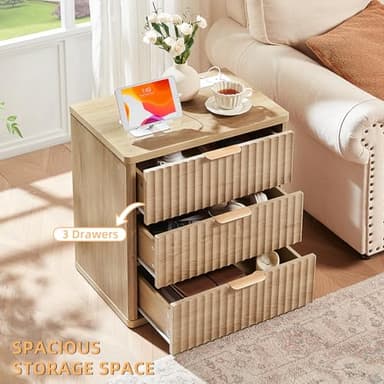 LEYAOYAO 23" Wide Fluted Farmhouse Night Stand Set of 2 with Charging Station, 3 Drawers Large End Table w/Metal Handle, Natural Nightstand Bedside Table,Wood Dresser for Bedroom, Closet - Image 4