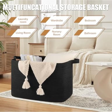 OIASKET 118L Extra Large Blanket Basket, 24.8"x17.7"x16.2" Woven Rope Baskets for Storage, Nursery Blanket Storage for Living Room, Toy Basket with Handle Organizing Comforter Cushions Pillows, Black - Image 3