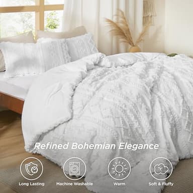 Bedsure Tufted Boho Comforter Set Queen Size - Bright White Boho Bed Set, GentleSoft™ 3 Pieces Farmhouse Shabby Chic Embroidery Bedding, Gifts for Woman, Soft Jacquard Queen Comforter for All Seasons - Image 2