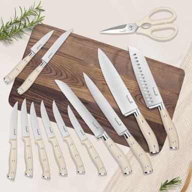 Kuisine Chef Knife Set,High Carbon Stainless Steel Sharp Knife Set Ergonomic Handle,Kitchen Knife Block Set with Built-in Sharpener(Ivory Pro,15PCS) - Image 7
