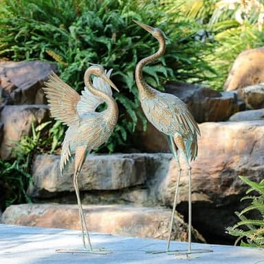 TERESA'S COLLECTIONS Garden Decor, Set of 2 Cranes Garden Decor, 33-39", Elegant Cranes with Golden Painting, Waterproof Metal Garden Statue, Herons Gifts Birthday Gifts for Women Mom - Image 3