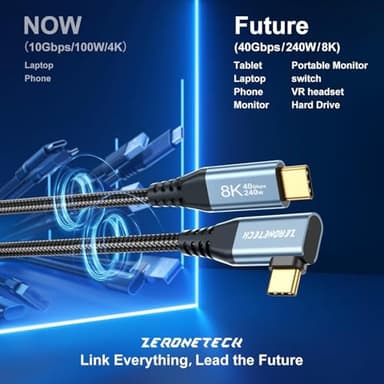 ZeroneTeck USB C Monitor Cable 8K@60Hz/4K@144Hz, 40Gbps High Speed Data Transfer, Right Angle Display Video Cable, 90 Degree USB C 3.2 Gen 2x2 240W PD for iPhone 17,MacBook,iPad,Lenovo,KYY,SSD - 3.3FT - Image 4