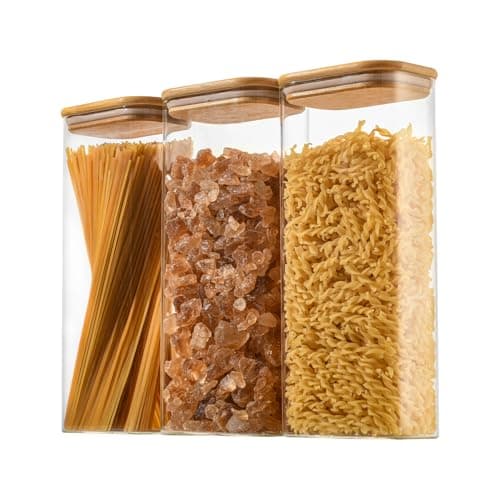 D2scrma 71oz Rectangle Airtight Glass Storage Containers with Bamboo Lids (Set of 3), Square Food Storage Jar, Pantry Organizers for Sugar, Flour, Spaghetti and Coffee beans (with Black Lable) - Image 1