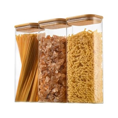 D2scrma 71oz Rectangle Airtight Glass Storage Containers with Bamboo Lids (Set of 3), Square Food Storage Jar, Pantry Organizers for Sugar, Flour, Spaghetti and Coffee beans (with Black Lable) - Image 1