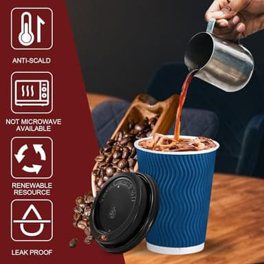 Lamosi 12 OZ Disposable Coffee Cups with Lids 50 Pack, Hot Paper Insulated Corrugated Ripple Wall Cup for To Go Drinks and Beverages - Image 4