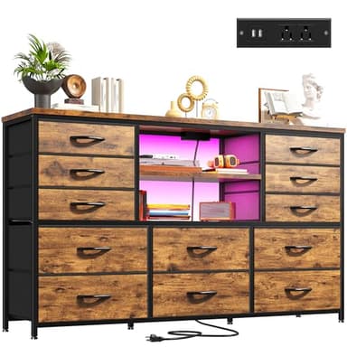 EnHomee Dresser with LED Lights & Power Outlets, 12 Drawers Dresser TV Stand for 60''TV Stand for Bedroom Fabric Dressers & Chest of Drawers, Sturdy Metal Frame, Living Room,Hallway, Rustic Brown - Image 1