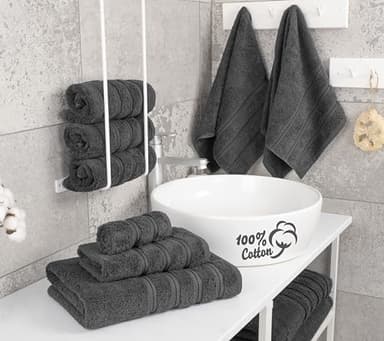 American Soft Linen Luxury 6 Piece Towel Set, 2 Bath Towels 2 Hand Towel 2 Washcloths, 600 GSM 100% Cotton Turkish Towels for Bathroom, Dark Gray Towel Sets - Image 2