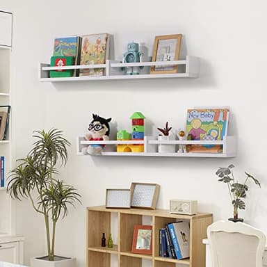 Austin yan White Nursery Bookshelves Wall Mounted, 32inch,Wood Floating Wall Bookshelf for Kids,Hanging Shelf for Baby Nursery Room Decor,Set of 2,Pine - Image 4