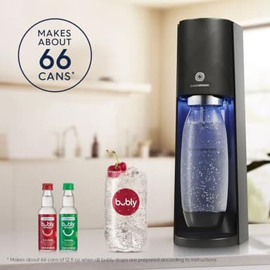 SodaStream - E-TERRA Soda Maker | VALUE BUNDLE | 3 Automatic Carbonation Levels | Includes 2x CO2 Cylinders, 3x 32 Fl Oz Dishwasher Safe Bottles, 2x Bubly Fruit Flavor Drops, 1x Power Adapter | Black - Image 4