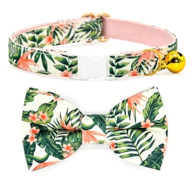 Bow Tie Cat Collar Set, Wedding/Birthday Gift for Cat, Summer Strelizia Flower Floral, Cat Accessories - Image 1