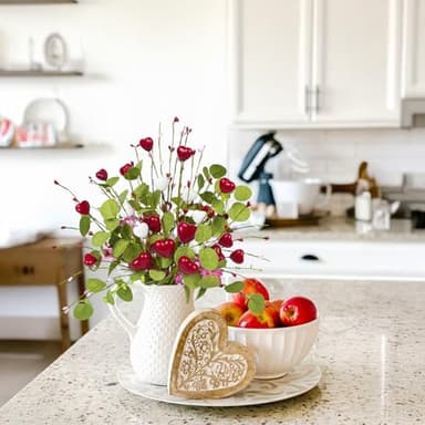 Fairblo 6 Pcs Artificial Silk Flowers for Home Decor Indoor,Fake Flowers with Stems for Vases for Decoration,Faux Flower Arrangements Spring Floral Picks Hearts Berry with Green Leaves(19’’) - Image 2