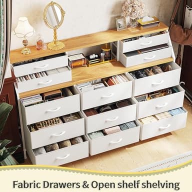 Romorgniz 55" W White Dresser for Bedroom with Deep Fabric Drawers, Long Chests of Drawers with 2 Open Wooden Shelves, Large Vanity Dressers for Entryway, Dorm, Sturdy Metal Frame, Wooden Top - Image 4