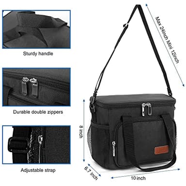 Femuar Reusable Lunch Box for Men/Women - Insulated Lunch Bag Leakproof Lunchbox for Work Office Picnic Beach - Freezable Lunch Cooler Bag with Adjustable Shoulder Strap - Black - Image 3