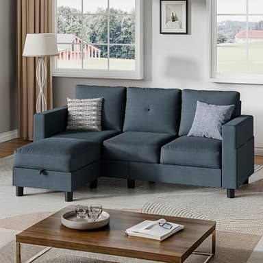 Shintenchi Small Sectional Couch with Ottoman, 3 Seat L Shaped Sofa, Fabric Upholstered Convertible Sofa Couches, Small Couch for Apartments, Living Room and Office(Dark Grey) - Image 1