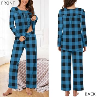 Bestbee Womens Pajama Set, 2 Piece Lounge Outfits Pleated Sleepwear Sets Long Sleeve Long Pants With Pockets Ladies Pjs, M, Blue Plaid - Image 4