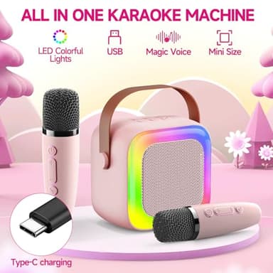 Mini Karaoke Machine for Kids Teen Adults, Kids Karaoke Machine with 2 Wireless Microphones and LED Lights Toys for Christmas Birthday Party, Home, Gifts for 4 5 6 7 8 9 10 11 12+ Years Girls Boys - Image 4