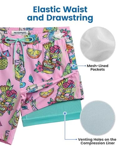 maamgic Mens Swim Trunks with Compression Liner 7 Inch Inseam Mens Bathing Suit Quick Dry Swimming Trunks Swimsuit Beverage Pink Blue Small - Image 3