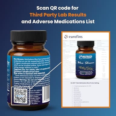 Nutricel Methylene Blue Capsules with Mushroom Extracts: Lion's Mane, Reishi, Cordyceps, Chaga, Shiitake, Turkey Tail - Trusted Made in America Brand - 7mg (USP Reference Compliant) (60ct) - Image 8