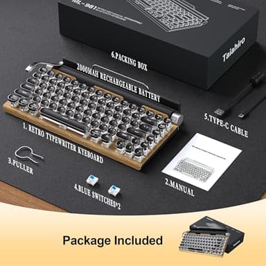 Retro Typewriter Wireless Mechanical Gaming Keyboard, Bluetooth 5.0 Office Computer Vintage Keyboards 83-Key Blue Switches Punk Round Keycap, LED Backlight, Compatible with PC/Laptop/Pad/Phone, Wood - Image 8