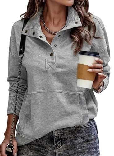 SHEWIN Womens Sweatshirt Casual Long Sleeve Lightweight Sweatshirts Loose Button V Neck Pullover Tops Fall Clothes for Women 2025,US 8-10(M),Grey - Image 1