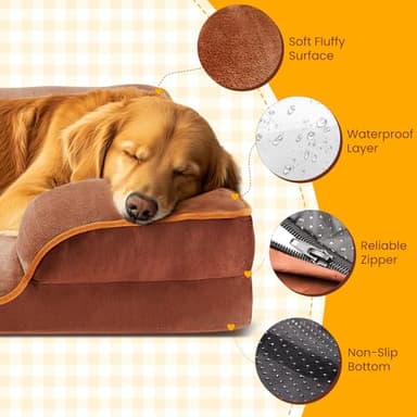 DUMOS Orthopedic Dog Bed, Washable Dog Couch Bed with Removable Cover, Waterproof Pet Bed for Medium Size Dogs, Memory Foam Pet Bed Non-Slip Base, Brown - Image 3