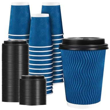 Lamosi 12 OZ Disposable Coffee Cups with Lids 50 Pack, Hot Paper Insulated Corrugated Ripple Wall Cup for To Go Drinks and Beverages - Image 1