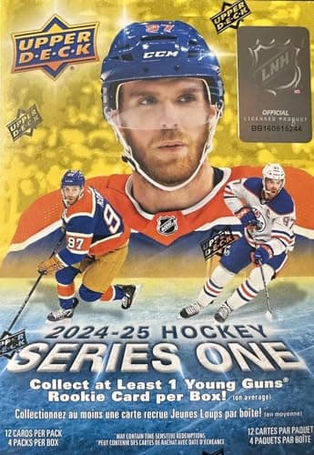 2024-2025 Upper Deck Series One Hockey NHL Trading Card Blaster Box (1 Young Guns Rookie Card and 1 Blaster Exclusive Green Dazzler Card! Per Box)