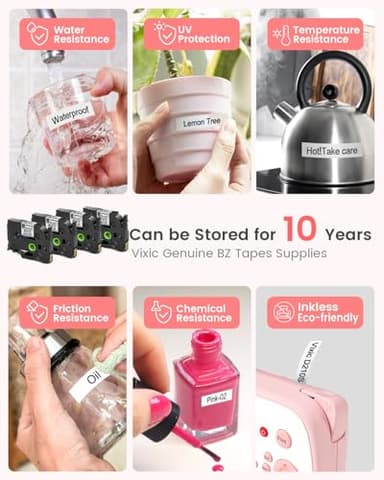 Vixic Pink Label Maker, D210S Label Maker with Tapes Waterproof, Handheld Label Makers Labeler Includes USB-C for Power, Easy-to-Read Screen, Multiple Fonts Icons Frames for Home Office Organization - Image 4