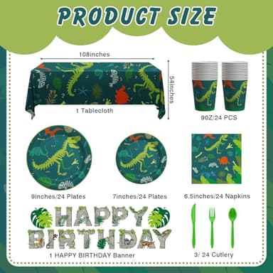 Cecnamt Dinosaur Birthday Decorations, 170 Pcs Dinosaur Party Supplies Including Banner, Plates, Cups, Napkins, Cutlery and Tablecloths, Serves 24 - Image 2