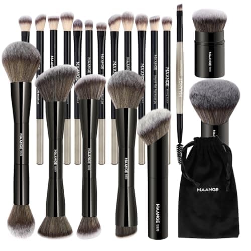 MAANGE 20 PCS Foundation Makeup Brush Set, Double-ended Kabuki Contour Brush for Liquid Powder Concealer Blending Blush Face Makeup Tools (Black) - Image 1