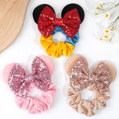 6 Pack Mouse Ears Scrunchies Velvet Sparkle Sequin Mouse Bows Hair Scrunchies Hair Ties Elastic Rubber Bands Ponytail Holders for Kids Women Girls Christmas Party Decoration - Image 4