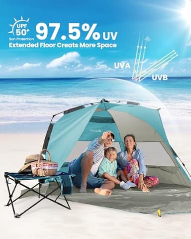 OutdoorMaster Beach Tent Sun Shelter for 3-4 Person, Pop Up Beach Tent Easy Setup with Sandbags, Portable Sun Shade Canopy with Carrying Bag for Beach & Outdoor, UPF50+ UV Protection - Cancun Seashore - Image 2
