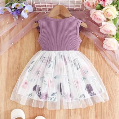 Toddler Baby Girls Tutu Tulle Dress Sleeveless Ruffle Fluffy Cute Sundress for Casual School Party (Purple Flowers, 4-5T) - Image 3