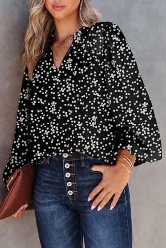 Dokotoo Womens Juniors Summer Tops 2025 Fashion Trendy Casual Dressy Fall Outfits Smocked Long Sleeve T Shirts Alicia Flower Print V Neck Business Work Tunic Bohemian Floral Top Medium Black - Image 3