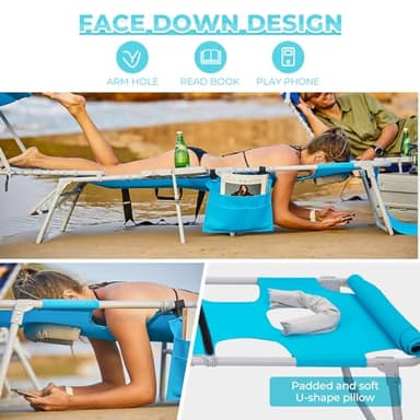 #WEJOY 4 in 1 Tanning Chair with Face Hole & Canopy & Side Table, 5 Positions Adjustable Folding Waterproof Facedown Chaise Lounge with Pillow Quick Dry for Beach Pool Outdoor Camping Patio (Blue) - Image 5