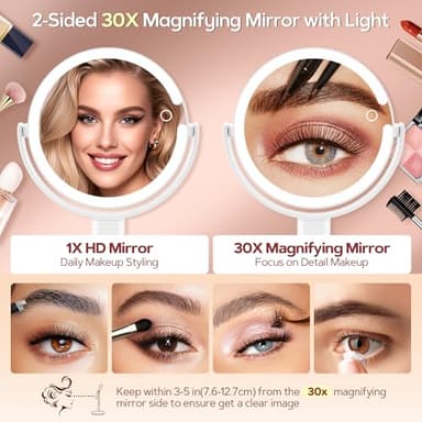 B Beauty Planet Makeup Mirror with Lights, Lighted Magnifying Mirror 30X with 3 Lighting and Adjustable Brightness, 2-Sided Height Adjustable Vanity Mirror for Bathroom, Gifts for Women White - Image 4