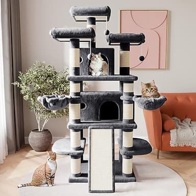 SHA CERLIN 68 Inches Multi-Level Large Cat Tree for Large Kitties/Big Cat Tower with Condo/Cozy Plush Pussycat Perches/Sisal Scratching Posts and Hammocks/Activity Center/Dark Grey - Image 2