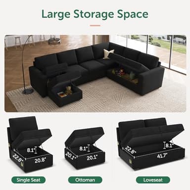 HONBAY Sectional Sleeper Couch with Pull Out Bed, U Shaped Sectional Sofa with Storage, Modular Velvet Sectional Couches for Living Room, Black - Image 5