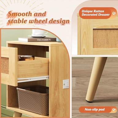 WLIVE Rattan Nightstand with Charging Station, Boho Night Stand, Small Bedroom Side Table, End Table with Drawer and Storage, Wood Bedside Tables for Bedroom, Small Spaces, Natural Oak - Image 6