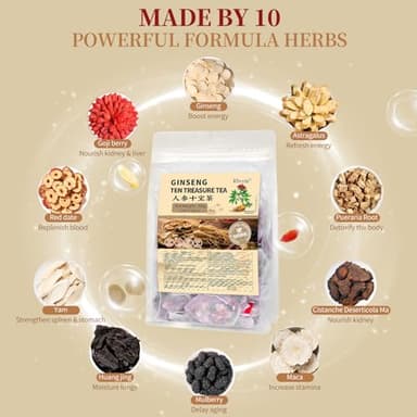 25Pcs Ginseng Ten Treasures Tea, Chinese Traditional Kidney Care Herbal Tea, Natural Kidney Cleanse Detox Tea for Women & Men, 10 Precious Ingredients Formula(25Bags, 300g) - Image 3