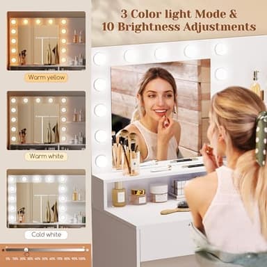 Vanity Desk with Mirror & Lights, White Makeup Desk with Drawers & Cabinet, 3 Lighting Modes & 10 Brightness, Vanity for Bedroom & Dressing Room - Image 4