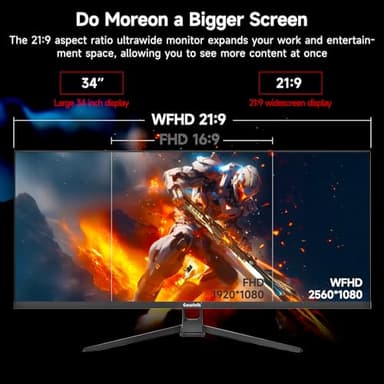Gawfolk Gaming Monitor 34 inch IPS 120Hz, Ultrawide PC Screen 2560×1080P Ultra-Thin Zero Frame Computer Display for Home Office Business, DP, HDMI, Wall-Mounted, Black - Image 4