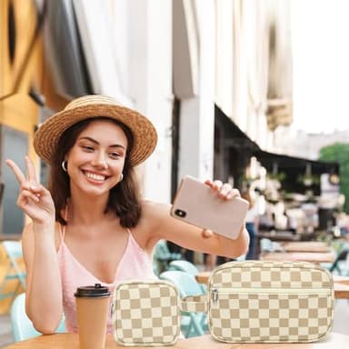 LEDAOU 2Pcs Travel Makeup Bag Cosmetic Bag Small Corduroy Makeup Pouch with Zipper Cute Travel Toiletry Essentials for Women Teen Girls (Brown Checkerboard) - Image 7