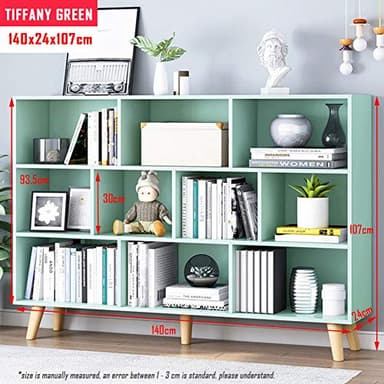 IOTXY Wooden Open Shelf Bookcase - 3-Tier Floor Standing Display Cabinet Rack with Legs, 10 Cubes Kids Bookshelf, Tiffany-Green - Image 2