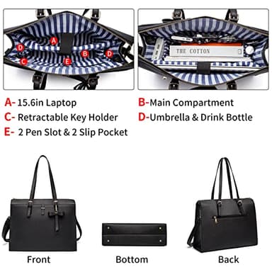 Keyli Laptop Tote Bag for Women Waterproof Leather Work Laptop Briefcase with Built-in USB Charging Port Computer Shoulder Bags Fits 15.6 Inch, Business Handbag Purse 4pcs Set Black - Image 2